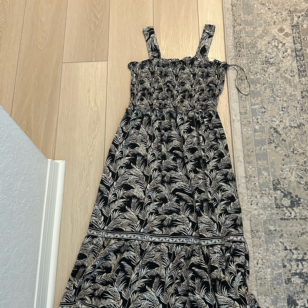 Max Studio Black and Cream Botanical Smocked Maxi Dress